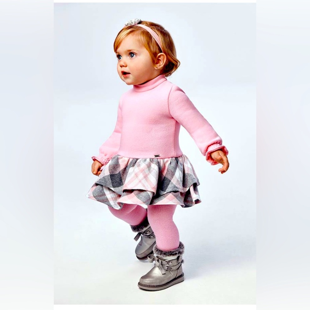 Mayoral Baby Girl Size Plaid Twill Short Sleeve Pink & Grey Dress